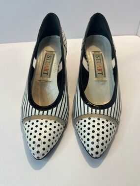 Stuart Black and White Polka Dot & Stripe Kitten Heels vintage
